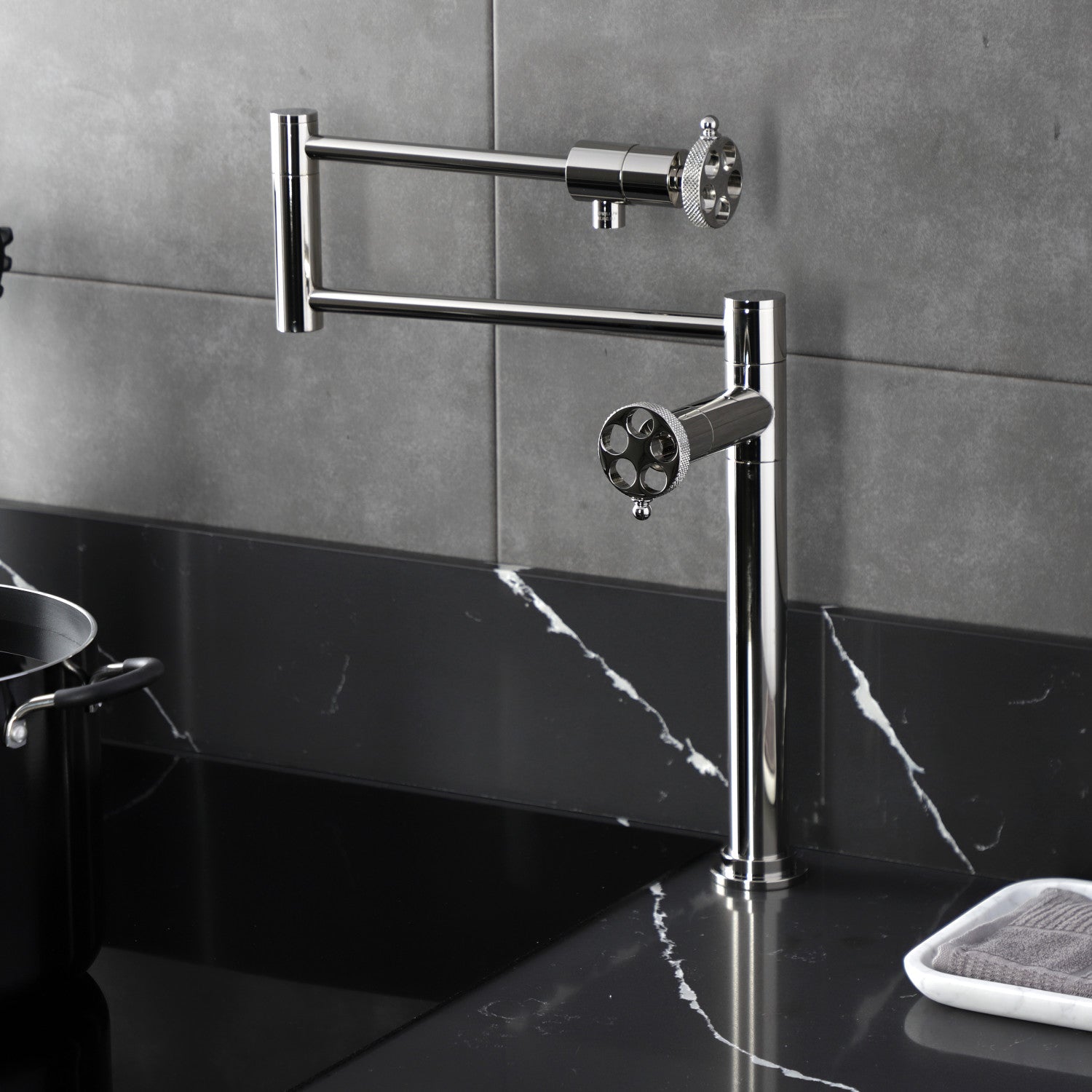 Kingston Sona KS4706RKX - Webb Two-Handle 1-Hole Deck Mount Pot Filler Faucet with Knurled Handle, Polished Nickel — thumbnail 2